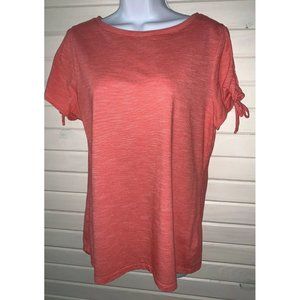 TALBOTS Sz MEDIUM Tee Orange Heather Cotton Blend Knit Slit Tie Sleeves EUC